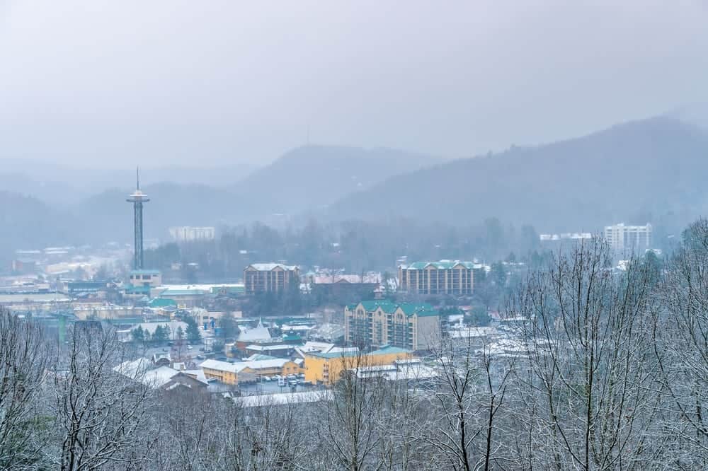 Photograph of the snow covered downtown area near our Gatlinburg Tennessee condos for rent.