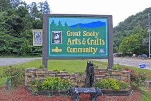 A sign for the Great Smoky Arts & Crafts Community in Gatlinburg TN.