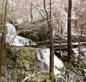 Snowy view of laurel falls in the gsmnp