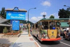 ober gatlinburg sign and gatlinburg trolley