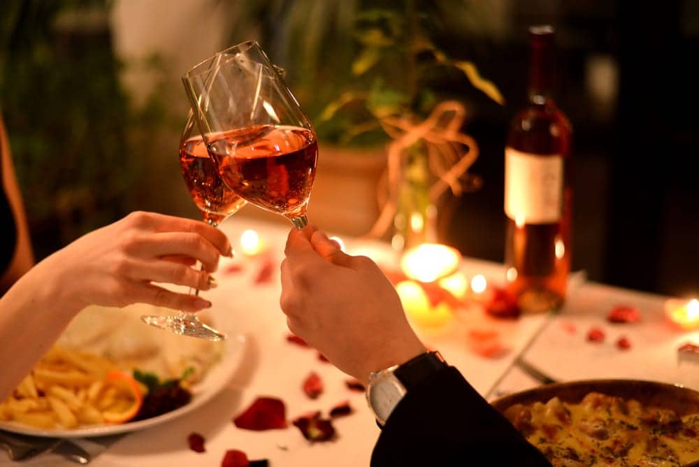romantic dinner with wine glasses
