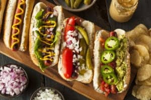 hot dogs with a ton of toppings