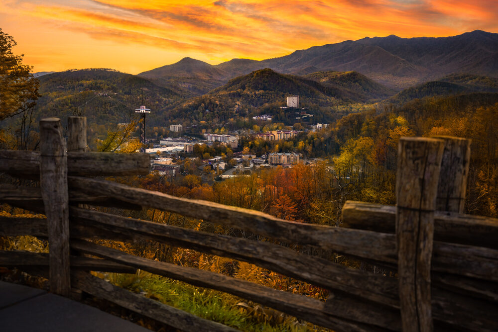 view of Gatlinburg in Fall at sunset
