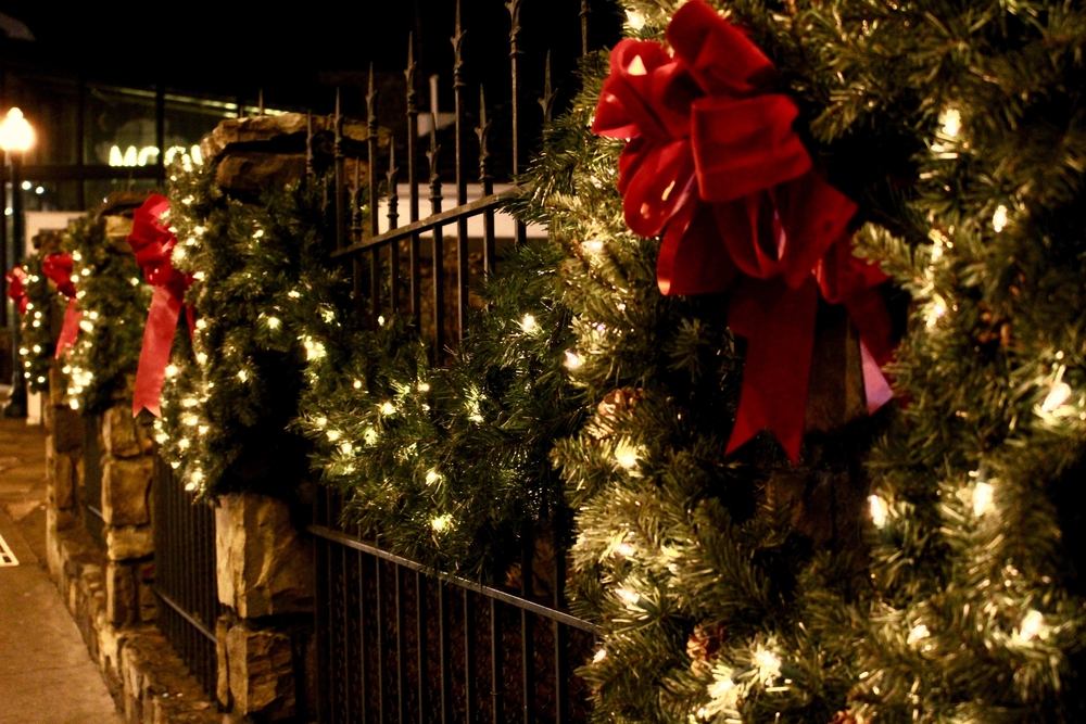 Christmas wreaths lining Gatlinburg walkway