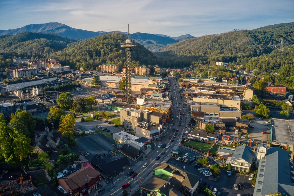 aerial view of downtown Gatlinburg TN and surrounding Smoky Mountains aerial view of downtown Gatlinburg TN and surrounding Smoky Mountains